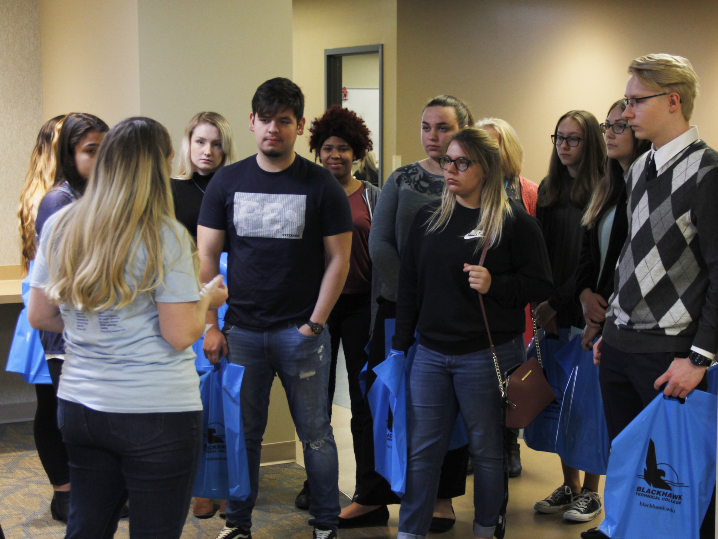 group of students touring campus