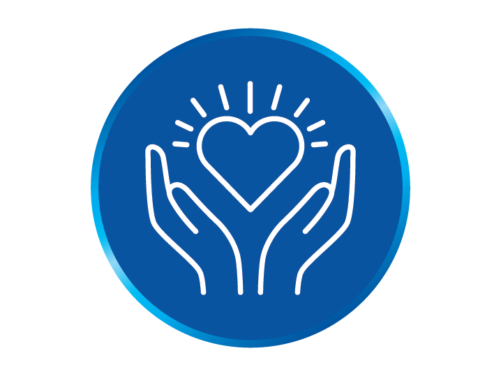 white icon of hands reaching for a heart over blue background